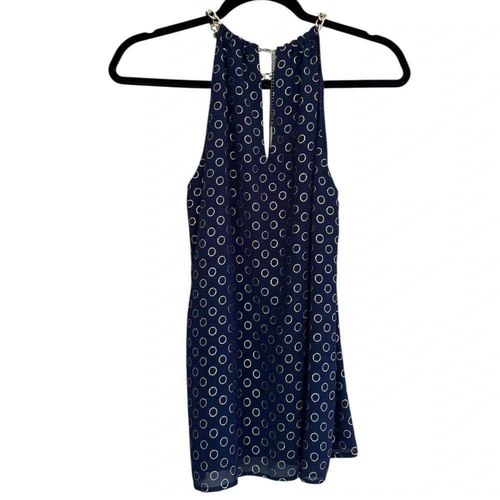 Michael Kors Navy Sleeveless Blouse Chain Accent Gold Circle Design XS or Small